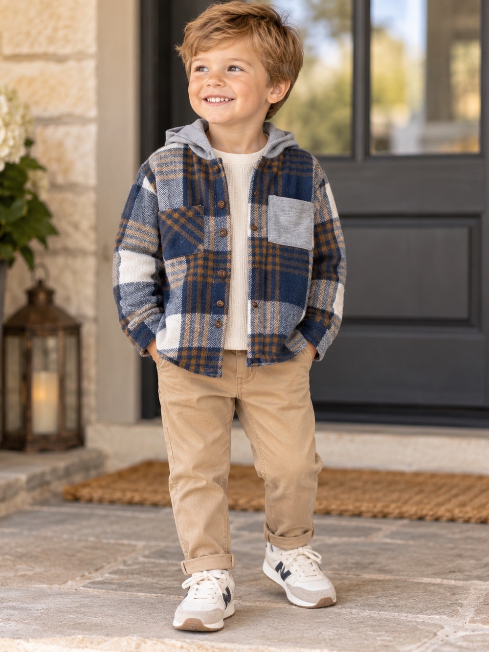 Boys Plaid Button-Front Hooded Shirt Jacket - Navy & Tan